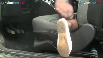 Redhead shows off panties and stockings in car and drives on vidfreenow.com