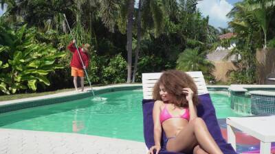 Outdoor interracial sex in doggy style by the pool - Cecilia Lion on vidfreenow.com