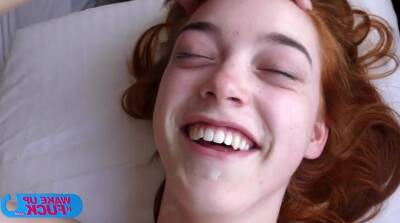 Slender redhead teen fucked by 2 horny old guys in bed on vidfreenow.com