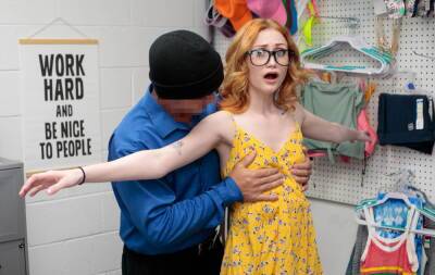 Nerdy blonde busted with stolen items so she gets fucked on vidfreenow.com