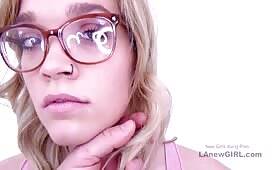 Blonde with glasses makes hard cock cum in studio on vidfreenow.com