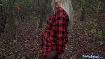 Beautiful Busty Blonde takes her clothes off in the woods before fucking on vidfreenow.com