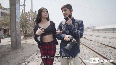 Petite Venezuelan model is approached by Peruvian near train line - Peru on vidfreenow.com