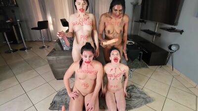 3 Naked Sluts And Myself Same Tame Exercise Gagging On Dildos Getting Faces Spat On Lipstick on vidfreenow.com