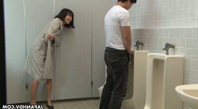 Crazy Asian chick Uta Kohaku pisses on dick of one stranger dude in a public toilet on vidfreenow.com