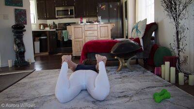 Aurora Willows, Behind The Scenes Yoga Workout In White Yoga Pants And Bare Feet, No Panties on vidfreenow.com