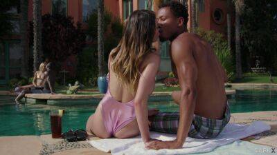 Loud black sex by the pool in energized foursome interracial on vidfreenow.com