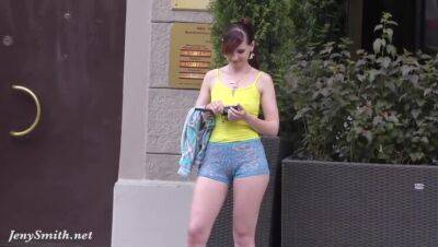 Jeny Smith walks in public with transparent shorts. Real flashing moments on vidfreenow.com