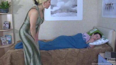 Step mom sneaks into her step-sons bedroom and wakes him up with her lips. on vidfreenow.com