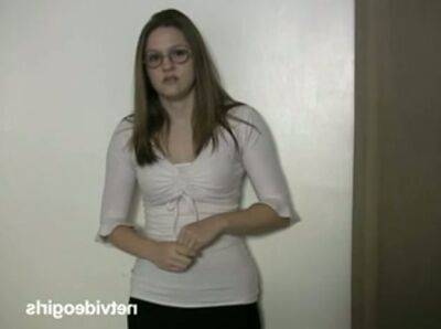 Ugly pale nerd in glasses Amy kneels down to suck a tasty cock for gooey cum on vidfreenow.com