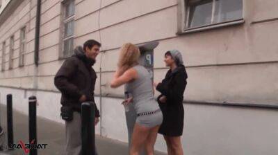 Anita and Emilia pick up slim man on the streets to take him into their bang van on vidfreenow.com