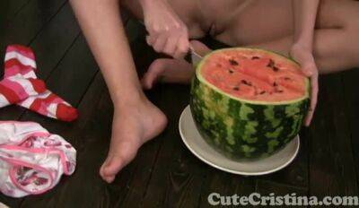 Cute Cristina plays naked with watermelon on vidfreenow.com