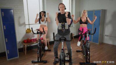 Sporty bitches get intimate during spinning class and devour the same cock together on vidfreenow.com