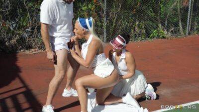 Loud dick sharing treat in outdoor tennis lesson scenes for two premium ladies on vidfreenow.com