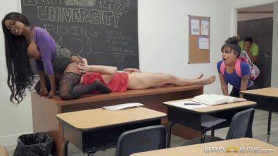 Bosomed black teacher with glasses gets eaten out and screwed in the classroom on vidfreenow.com