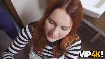 Sexy redhead gets drilled in public restroom by Hunter's hard cock on vidfreenow.com