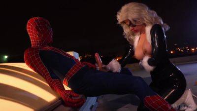 Blonde cougar dazzles with her huge tits while doing Spider Man on vidfreenow.com