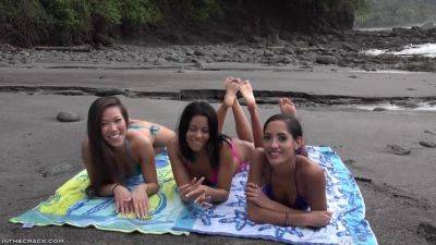 Young wet 18yo brunette Latina babes enjoys threesome orgy outdoors on the beach on vidfreenow.com