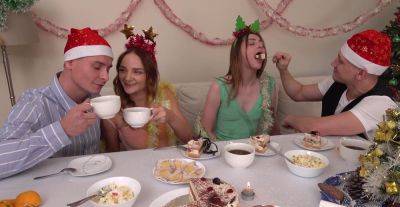 Sweet babes swap partners on Christmas eve in loud foursome on vidfreenow.com