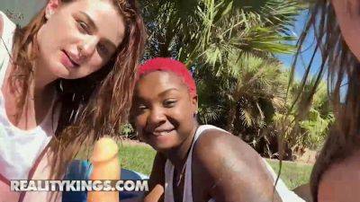 Reality Kings take on Deja Marie & Abigaiil in wild dildo orgy with natural tits bouncing on vidfreenow.com