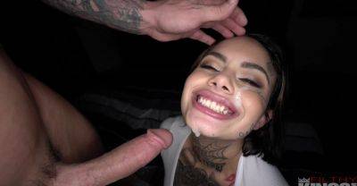 Sweet babe with sexy tattoos gets intimate with a big dick until sperm covers her face on vidfreenow.com