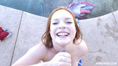 Redhead with big booty lets stepson finish on her face on vidfreenow.com