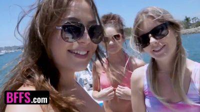 Three horny babes are sharing on big cock in a yacht on vidfreenow.com