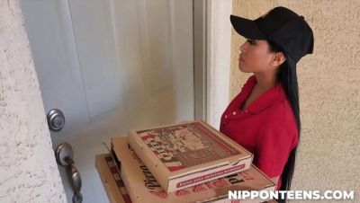 Ember Snow Gets Stuck with Two Guys in Hot Delivery Threesome - Asian Teen Blowjob on vidfreenow.com